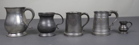 Collection of 5 Antique & Vintage Pewter Tankards