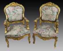 Pair of Vintage Carved Giltwood Louis XV Style Upholstered Armchairs