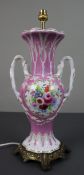 Antique Hand Painted Pink Ground Porcelain Table Lamp, c.1890