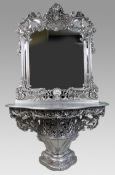 Vintage Baroque Style Silver Leaf Console Table and Mirror