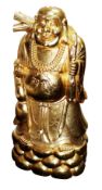 Large Gilded Carved Wood Laughing Buddha Sculpture on Lotus Base