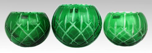 Garniture of Three Vintage Gorham Green Overlay Cut Crystal Bowls