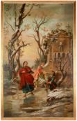 Monumental French Oil Painting of Elegant Skaters in a Winter Landscape