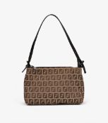 Fendi Beige Zucchino Monogram Canvas & Brown Calfskin Leather Vintage Shoulder Pochette