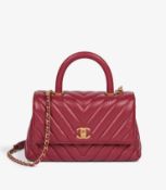 Chanel Red Chevron Aged Calfskin Leather Small Coco Top Handle