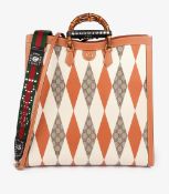 Gucci Brown, White & GG Supreme Coated Canvas Patchwork, Brown Calfskin Leather Maxi Diana