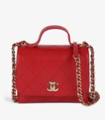 Chanel Red Quilted Lambskin Small Double Pocket Top Handle Flap Bag