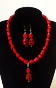 Buddhist red coral necklace & earrings set