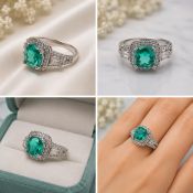 Title: Green Cushion-Cut Stone Halo Silver-Tone Ring Description: Elegant silver-tone ring featuring