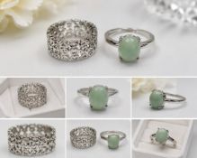 Title: Set of Two Silver-Tone Rings – Green Cabochon & Filigree Design Description: Attractive set