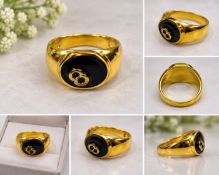 Title: Gold Tone 8 Ball Signet Ring with Black Enamel Description: Bold gold-tone signet ring