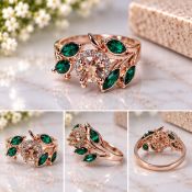 Title: Rose Gold Tone Floral Ring with Green & Champagne Stones Description: Elegant rose gold