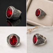 Title: Vintage-Style Red Stone Statement Ring with Ornate Design Description: Bold statement ring