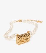 Chanel Faux Pearl Gold Tone Quilted Flap Bag Necklace
