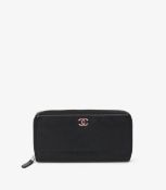 Chanel Black Calfskin Leather Pink Clover Classic Long Zip Wallet