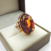 Artisan 14k Gold 23x12mm Cabochon Baltic Amber Ring circa. 1990's.