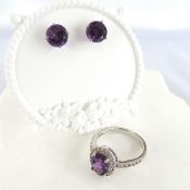 925 Silver Amethyst Gemstone Ring & Earrings 'New'