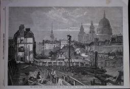 Railway Works At Blackfriars & Ludgate Hill London Antique Woodcut Engraving.