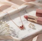 Rose Gold-Tone Butterfly Pendant Necklace, Red Sparkly Charm on Fine Chain, Fashion Costume Jewel...