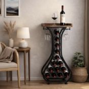 Freestanding Wine Rack & Mini Bar Table – 14 Bottle Wine Storage Cabinet With Glass Holder & Wood...