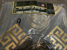 2pc Grey & Gold Metallic Bath Mat and Pedestal Set – Luxury Non-Slip Bathroom Rugs