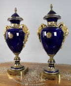 Pair of Fine Sevres Style Cobalt Blue Rams Head Lidded Urns