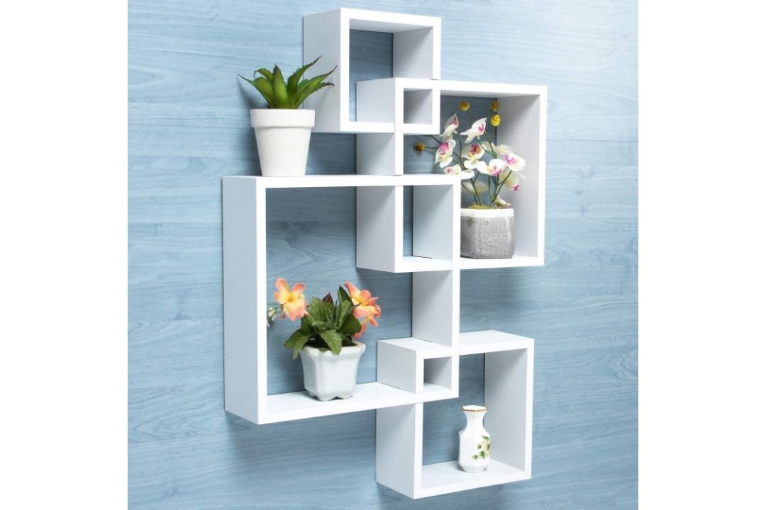 White Gatton Design Wall Mounted Floating Shelves, Interlocking Four Cube Design L11c SKU-4438