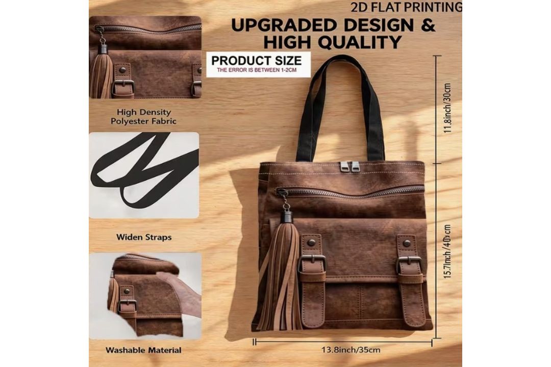 Vintage Brown Backpack Detail Artwork 2D Flat Print Women's Tote Bag L12b SKU-4732 - Image 2 of 2