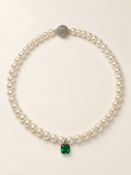 Pearl Necklace with 8x8mm Emerald Doublet – 8mm Pearls – 40cm