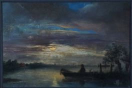 Douzette, Louis, Boot auf dem Bodden, Öl, sig., 14 x 20