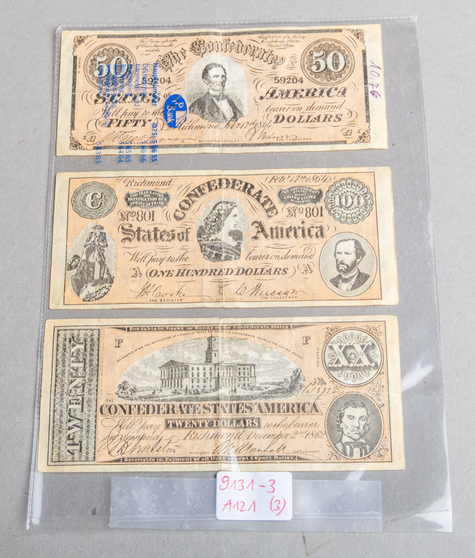 3-teiliges Konvolut von Banknoten "Confederate States of America Dollars"