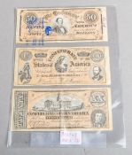 3-teiliges Konvolut von Banknoten "Confederate States of America Dollars"