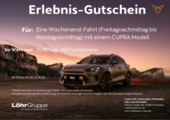 Erlebnis-Gutschein, Cupra, Löhr Automobile Wiesbaden für eine Wochenend-Fahrt von Freitagnachmittag