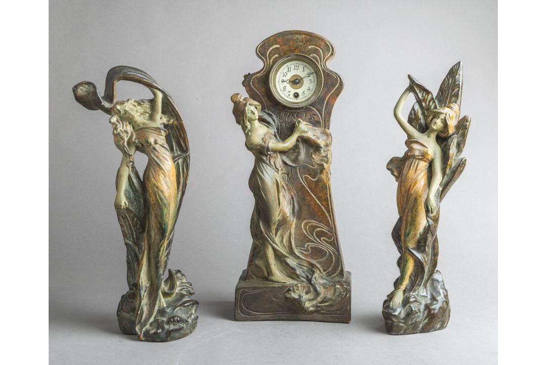 3-teilige Jugendstil-Uhrengarnitur (C. Haböck, um 1900) - Bild 1 aus 5