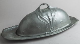Große Jugendstil-Fleischplatte m. Warmhaltedeckel (Kayserzinn, J. P. Kayser Sohn, Krefeld, um 1900)
