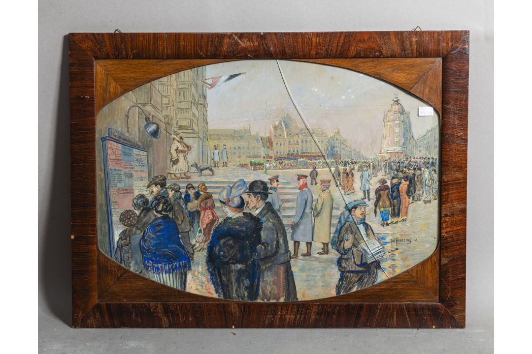 Henfling, Josef (1877 - 1950), Menschenmenge vor Bekanntmachungen des Ersten Weltkriegs - Bild 1 aus 2