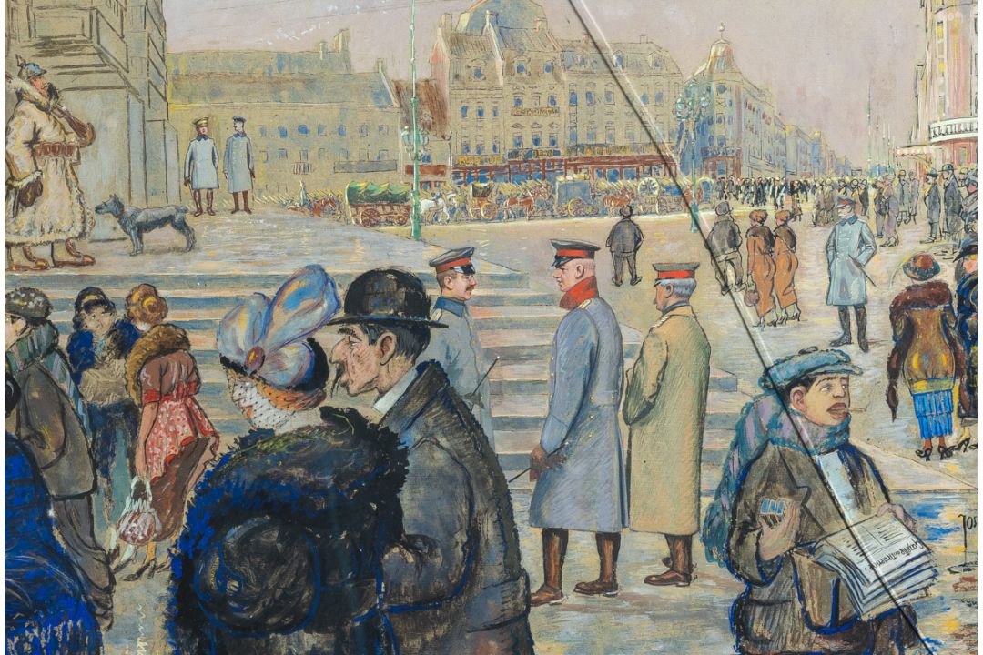 Henfling, Josef (1877 - 1950), Menschenmenge vor Bekanntmachungen des Ersten Weltkriegs - Bild 2 aus 2