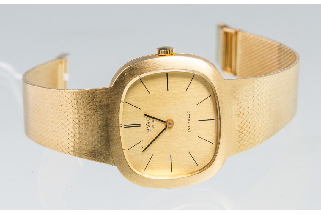 Goldene Armbanduhr 585 GG (BWC, Swiss, wohl 1970er Jahre) - Bild 1 aus 3