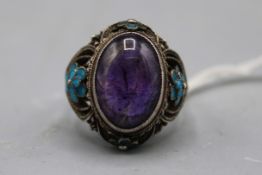 Amethyst Silberring mit kleinen emaillierten Blüten