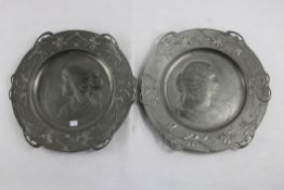 Jugendstil Zinn Zierteller Damenkopfreliefs 2 St.