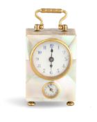 A SMALL GERMAN MOTHER OF PEARL AND BRASS CARRIAGE CLOCK