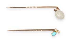 TWO 9CT GOLD HAT PINS, ONE WITH SUSPENDED MOONSTONE FINIAL, THE OTHER WITH TURQUOISE AND PEARL