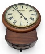 AN ANTIQUE MAHOGANY FUSEE WALL CLOCK, 10' DROP DIAL