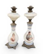 A PAIR OF VICTORIAN OPALINE GLASS OIL LAMPS DEPICTING NAPOLEON, LATE 19TH CENTURY