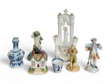 A GROUP OF CERAMICS TO INCLUDE MAJOLICA CANDLE STICK, A STAFFORDSHIRE GROUP, A DELFT VASE, CONTINENT