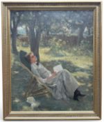 THOMAS CANTRELL DUGDALE (BRITISH, 1880-1952): YOUNG LADY READING IN THE GARDEN