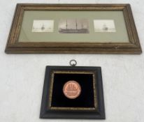 THREE PHOTOGRAPHS OF H.M.S VICTORY AFLOAT AND A COPPER MEDAL MADE FROM FOUDROYANT