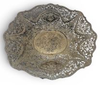 A LARGE WHITE METAL RETICULATED FRUIT BOWL, POSSIBLY SILVER