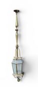AN ANTIQUE BRASS AND GLASS HANGING LANTERN