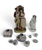 TWO STAFFORDSHIRE FIGURES AND OTHER CERAMICS